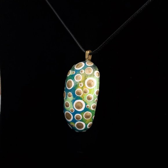Handpainted Dot Art Pendant, Tahiti Green, Mod, Modern Art Jewelry - Picture 2 of 10